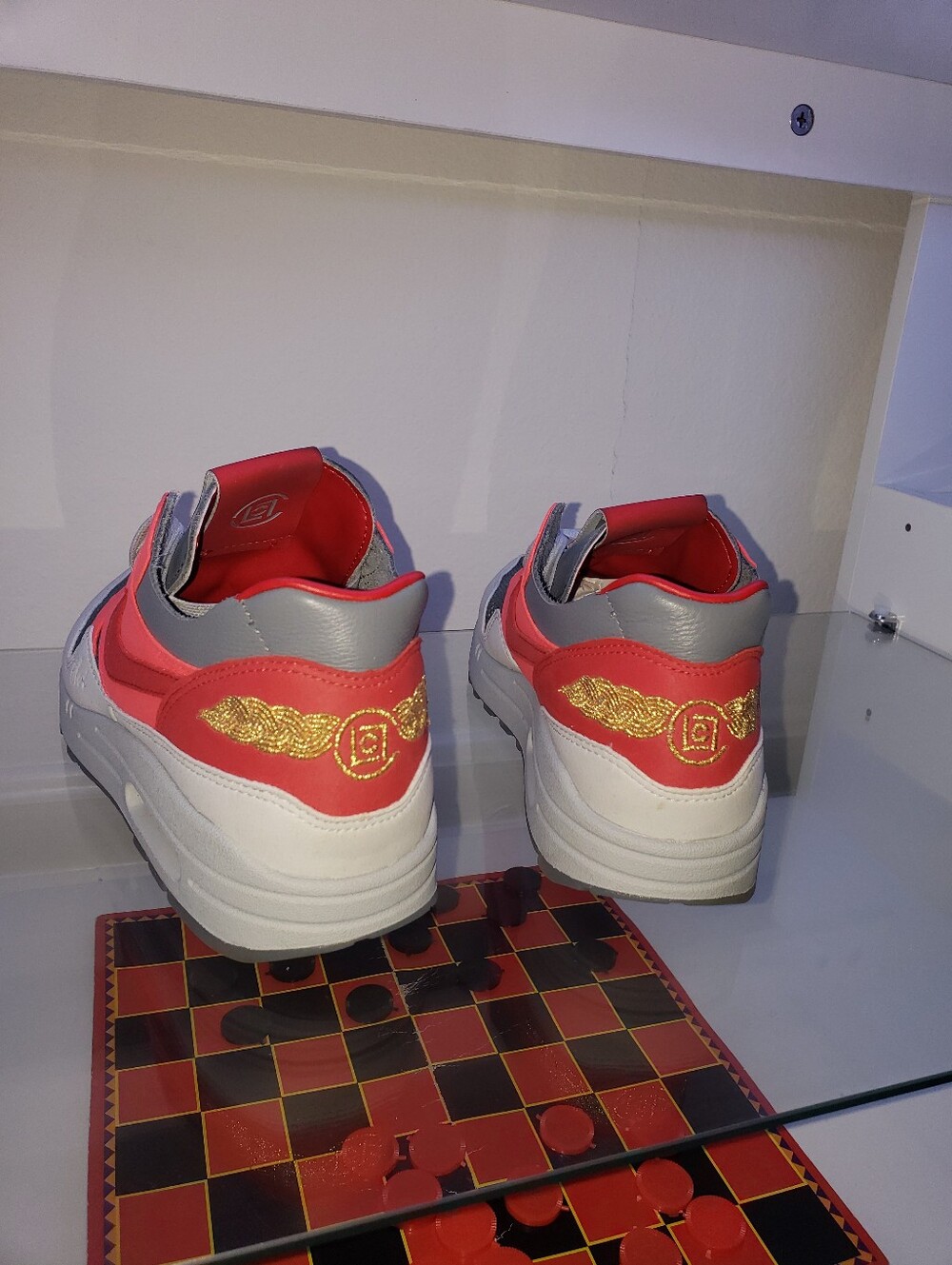 Nike Red, Gray and White Low-Top Sneakers with Gold Embroidery